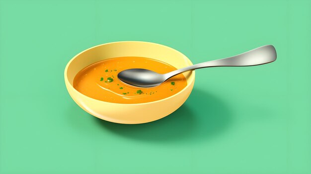 Фото Чаша домашнего супа с ложкой на одноцветном фоне