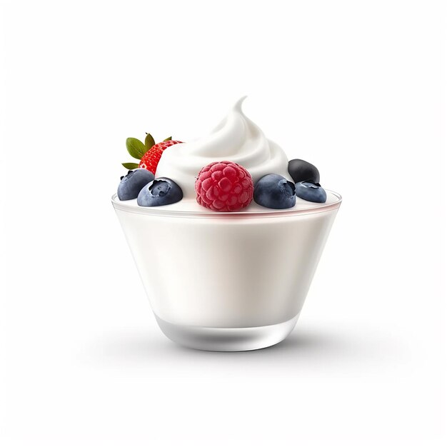 Фото Чашка йогурта со свежими клубницами, малинами и чернилами на белом фоне
