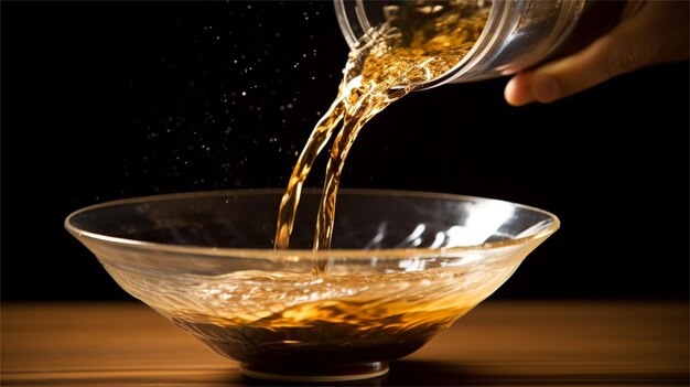 A bowl of olive oil being poured into a bowl