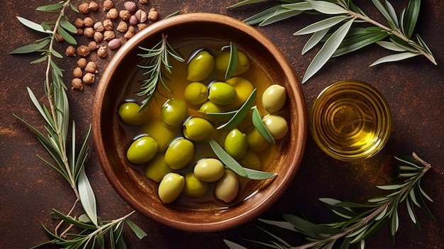 Foto ciotola di olio d'oliva e olive verdi con foglie