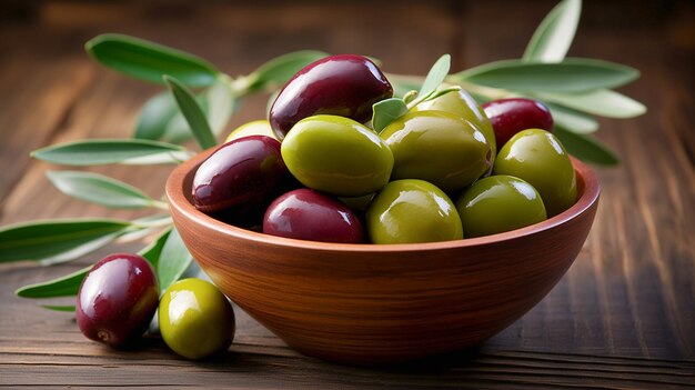 Photo bowl of olives on wooden table