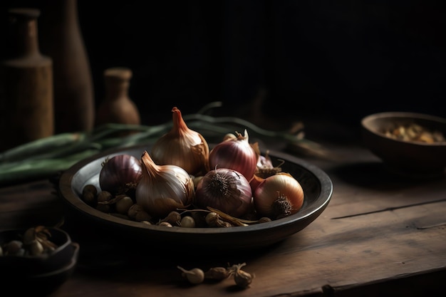 A bowl of onions sits on a table with a bowl of nuts and a bowl of garlic.