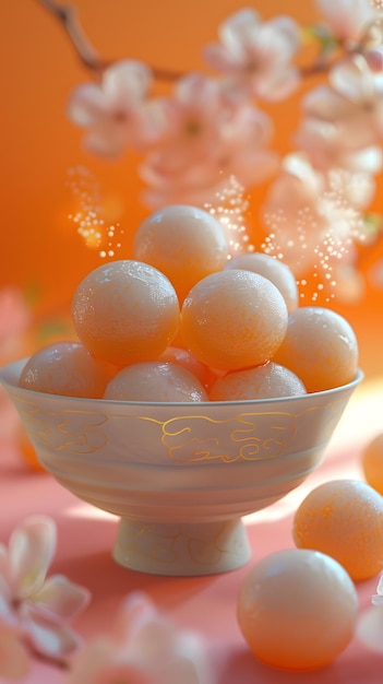 A bowl of orange balls sits on a table with flowers in the background