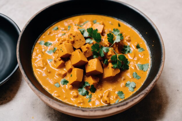 A bowl of orange curry with buttermilk butter