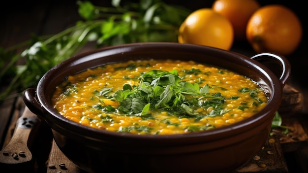 Bowl of orange lentil soup adorned with fresh green herbs on rustic table