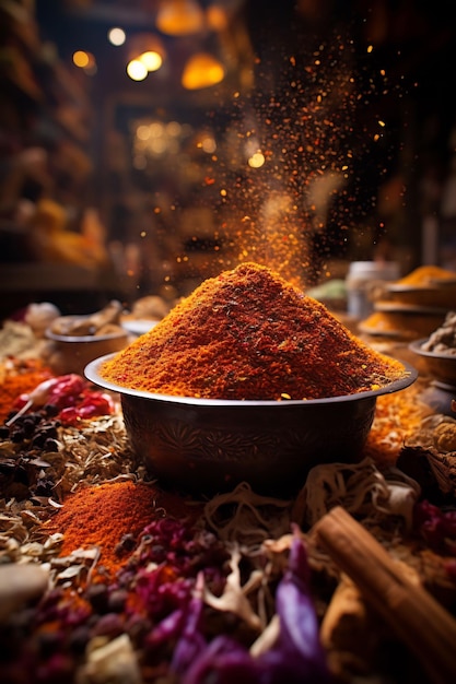 a bowl of orange and red spices with a small bowl of red pepper