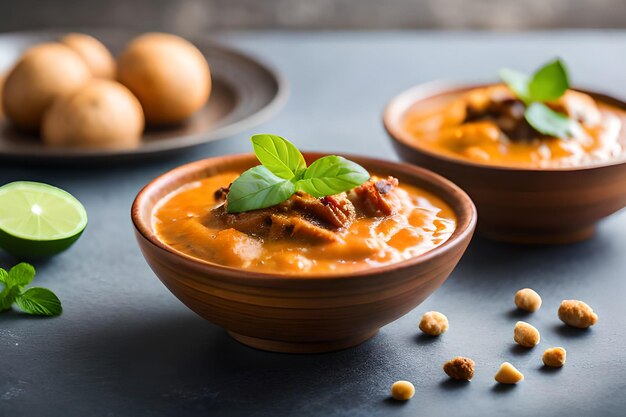 A bowl of orange soup with chickpeas on the side