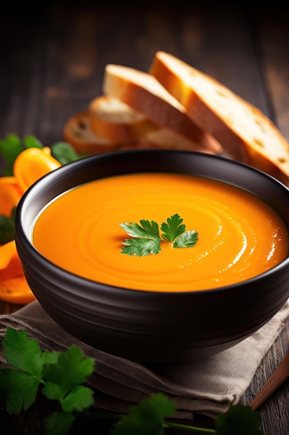 A bowl of orange soup with parsley leaves