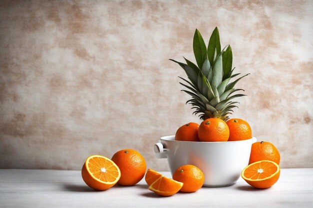 a bowl of oranges and a bowl of oranges with one that has a pineapple on it