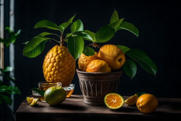 a bowl of oranges and a cup of limes with a lemon on the side