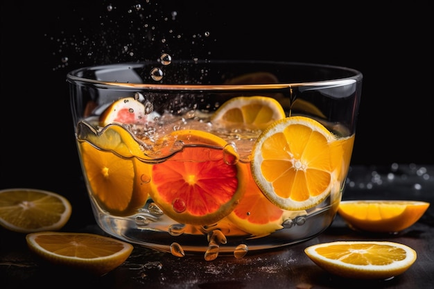 오렌지와 레몬 한 그릇에 물이 가득 차 있습니다.