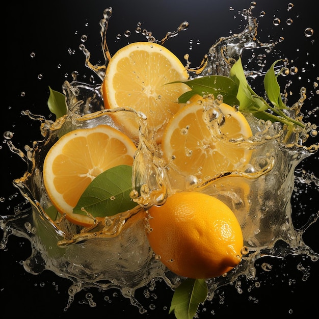 a bowl of oranges and lemons with the splashing water