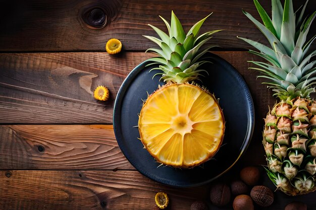 A bowl of oranges and pineapples on a wooden table