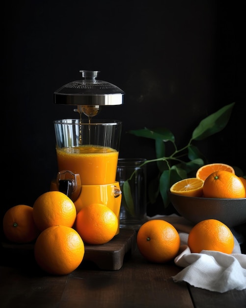 A bowl of oranges sits next to a blender filled with orange juice.