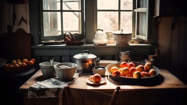 A bowl of oranges sits on a table in a kitchen.