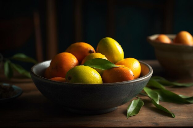 A bowl of oranges sits on a table with a bowl of green leaves.