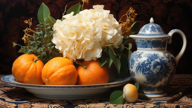 A bowl of oranges and a vase of flowers on a table ai