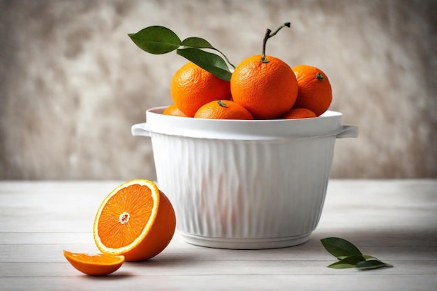 a bowl of oranges with a bunch of leaves on a table