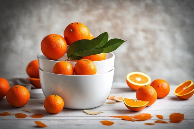 a bowl of oranges with leaves and a leaf on the side