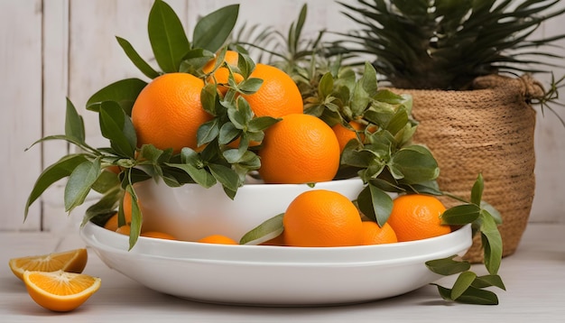 a bowl of oranges with leaves and leaves on them