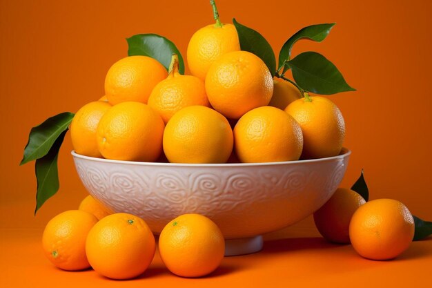 A bowl of oranges with leaves on the side and a leaf on the top