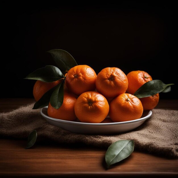 a bowl of oranges with leaves on a table and a cloth with a black background