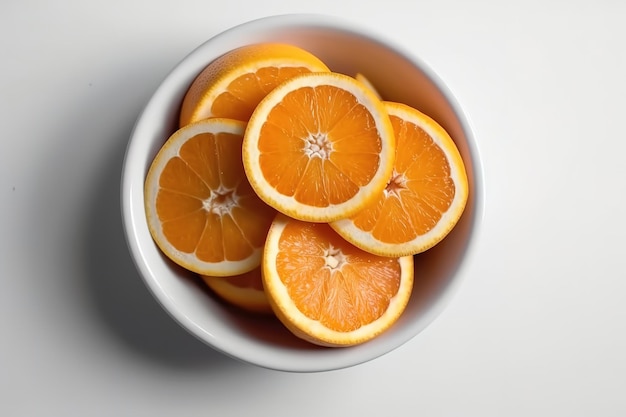 A bowl of oranges with the middle one has a white background.