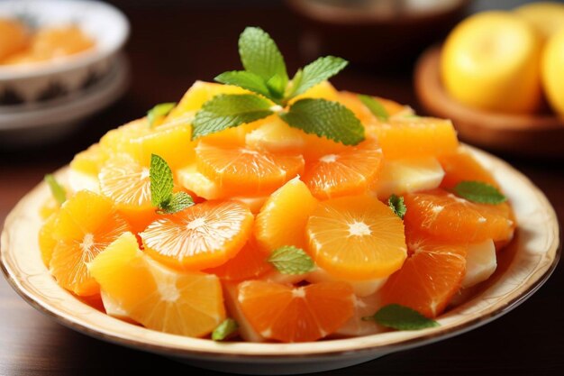 A bowl of oranges with mint leaves on a table