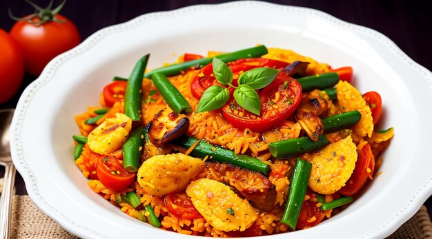 a bowl of Paella with tomato sauce