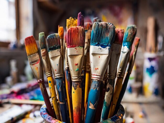 a bowl of paint brushes with paint in it