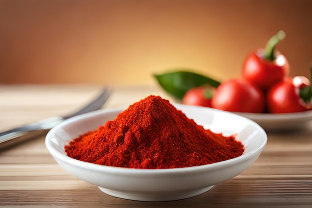 A bowl of paprika powder next to tomatoes