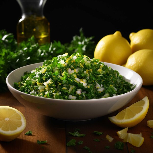 Bowl of parsley garlic olive oil and lemon on dark background