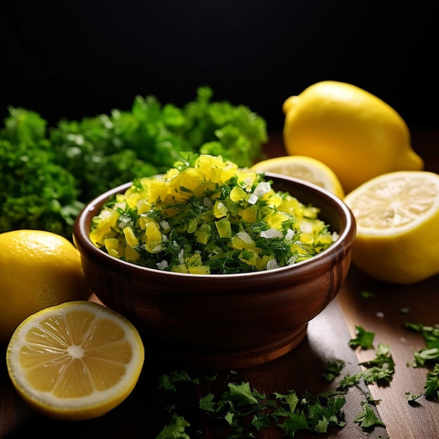 Bowl of parsley garlic olive oil and lemon on dark background