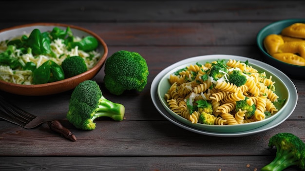 A bowl of pasta and broccoli next to a bowl of broccoli.