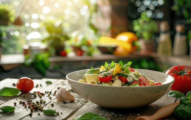 a bowl of pasta primavera on the italy traditional vintage background professional food ai generated