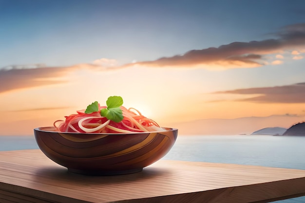 A bowl of pasta on a table with a sunset in the background