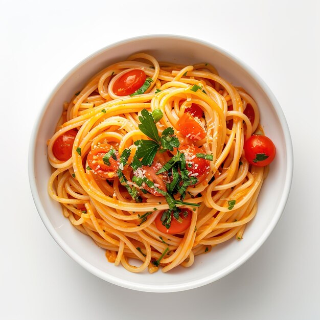 A bowl of pasta in white background Job ID c03b5457b5a840209385bb4b8075d8f4