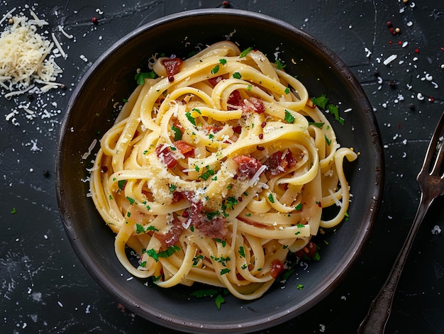 Photo a bowl of pasta with bacon and parmesan