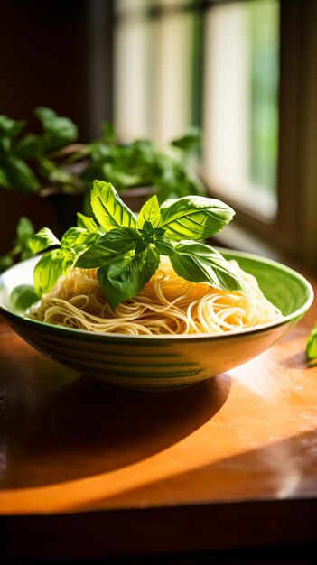 a bowl of pasta with basil leaves on top