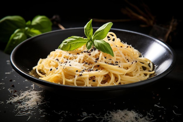 a bowl of pasta with basil on top.