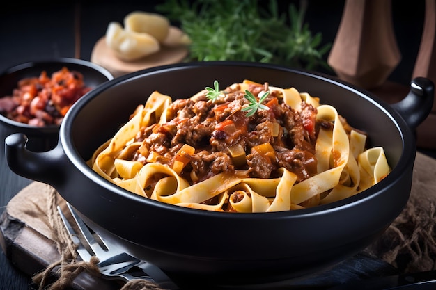 A bowl of pasta with beef bolognese sauce