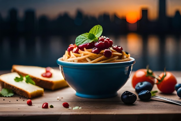 a bowl of pasta with berries and bread on a table