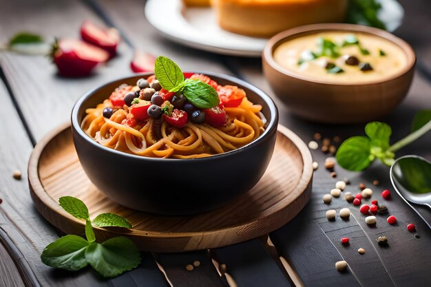a bowl of pasta with berries and a strawberries on a table.