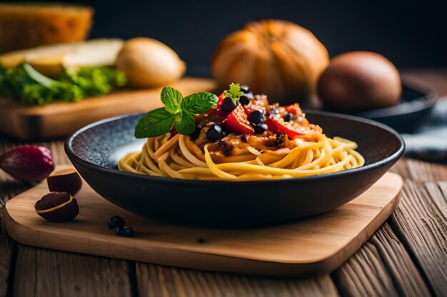 a bowl of pasta with a bowl of fruit and vegetables on a wooden table