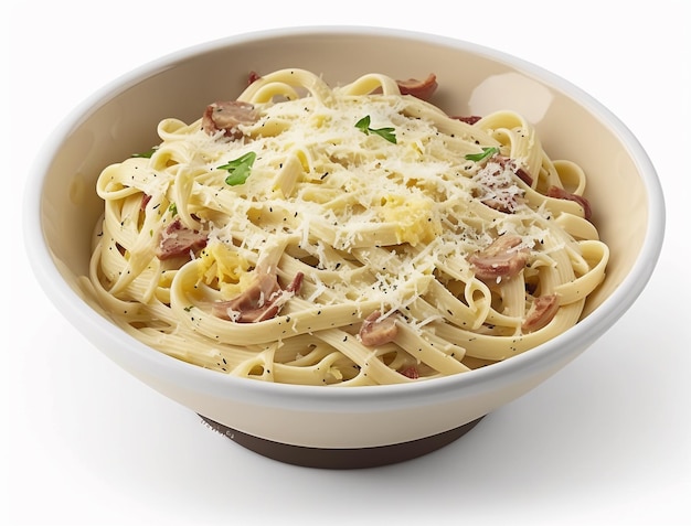 A bowl of pasta with cheese and bacon on top