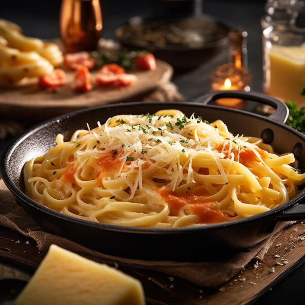 A bowl of pasta with cheese and herbs on a table.