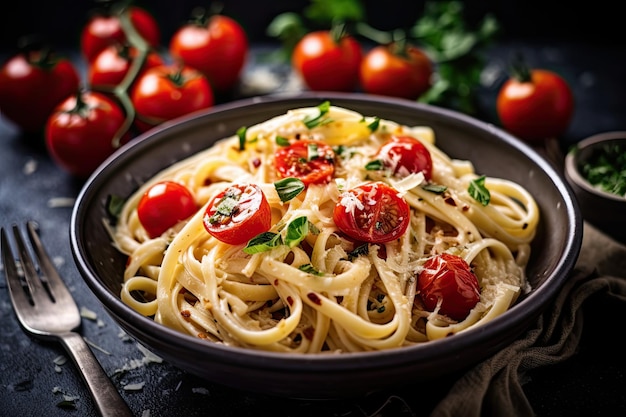 a bowl of pasta with cherry tomatoes