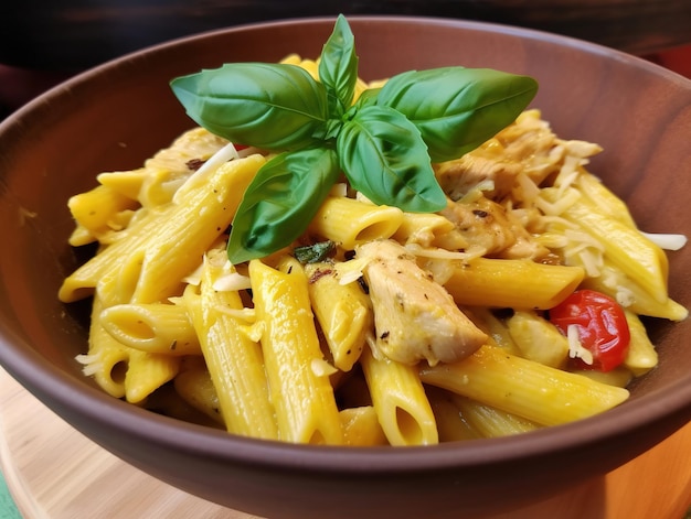 A bowl of pasta with chicken and basil