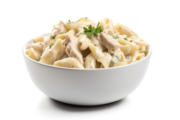 A bowl of pasta with chicken and parsley.