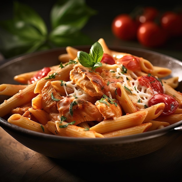 A bowl of pasta with chicken and tomatoes on it